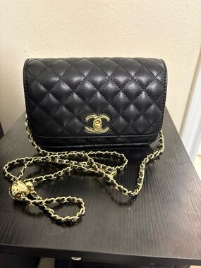 Black Quilted Leather Wallet-on-Chain with Gold Hardware